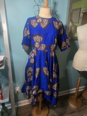 OFUURE Ankara Royal Blue and Brown Wax Cotton High-Low Dress